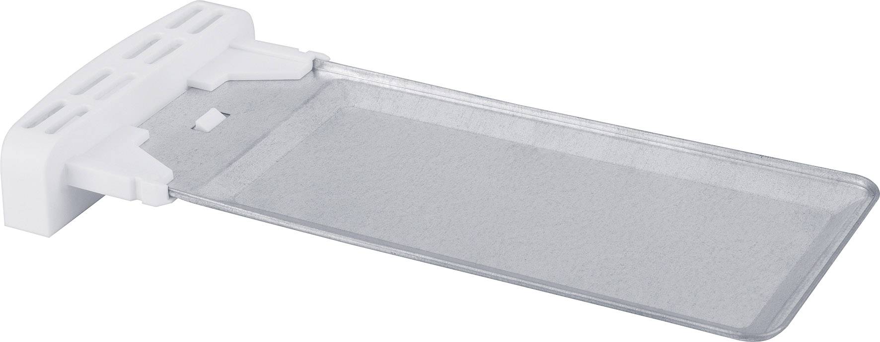 Une tablette de rangement en plastique transparent avec un support blanc, probablement destinée à être utilisée dans un réfrigérateur ou sur une étagère.