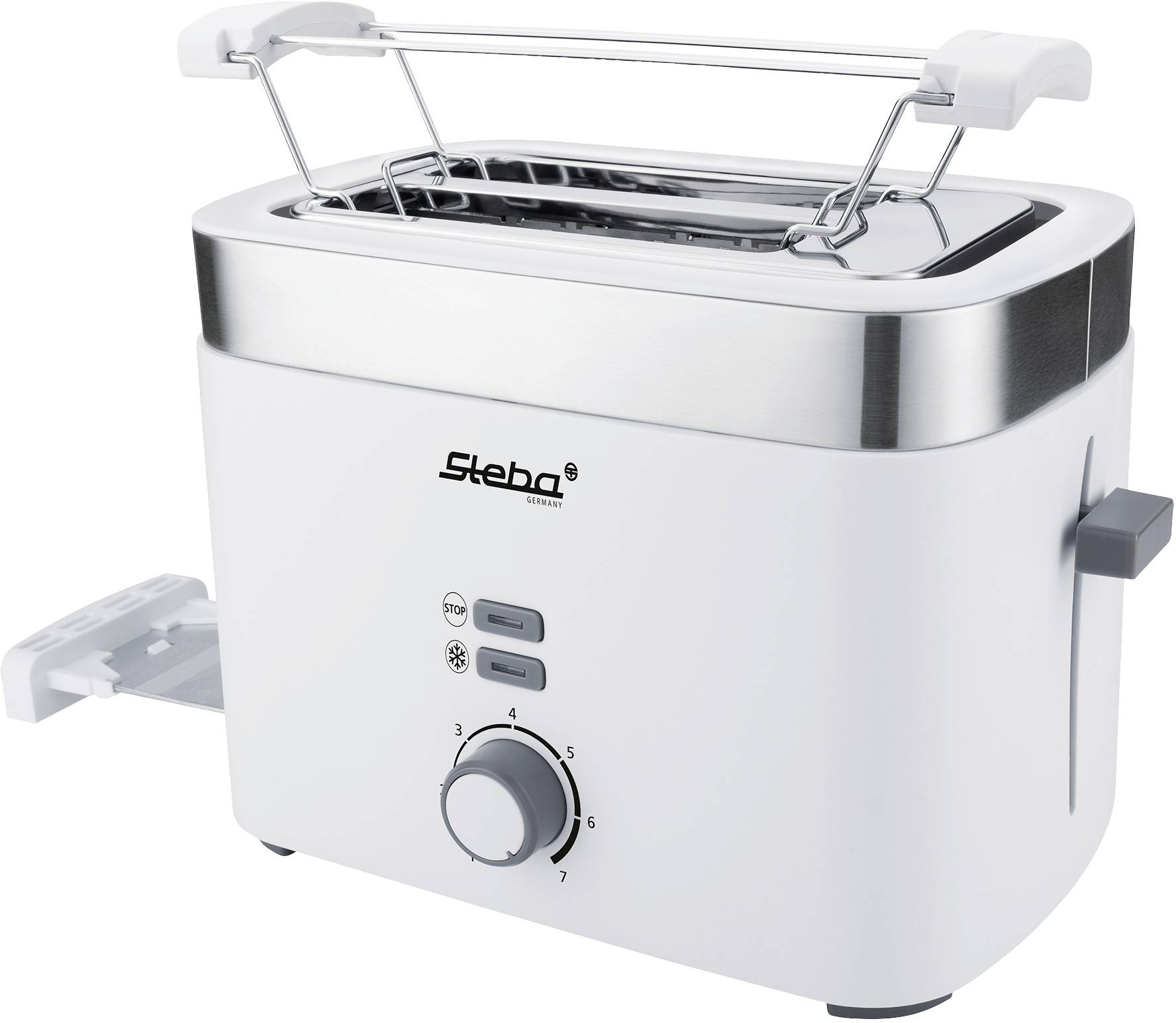 Grille-pain blanc à deux fentes avec support pour petits pains. Bouton rotatif à l'avant permettant sept niveaux de brunissage.