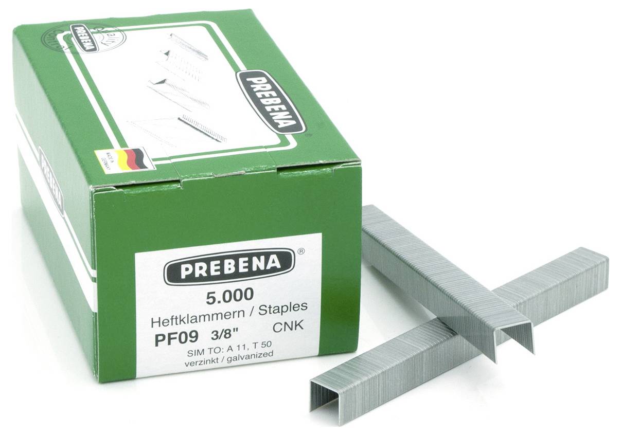 Emballage vert portant l'inscription 'PREBENA 5.000 Agrafes PF09 3/8" CNK'. Deux agrafes posées à l'avant.