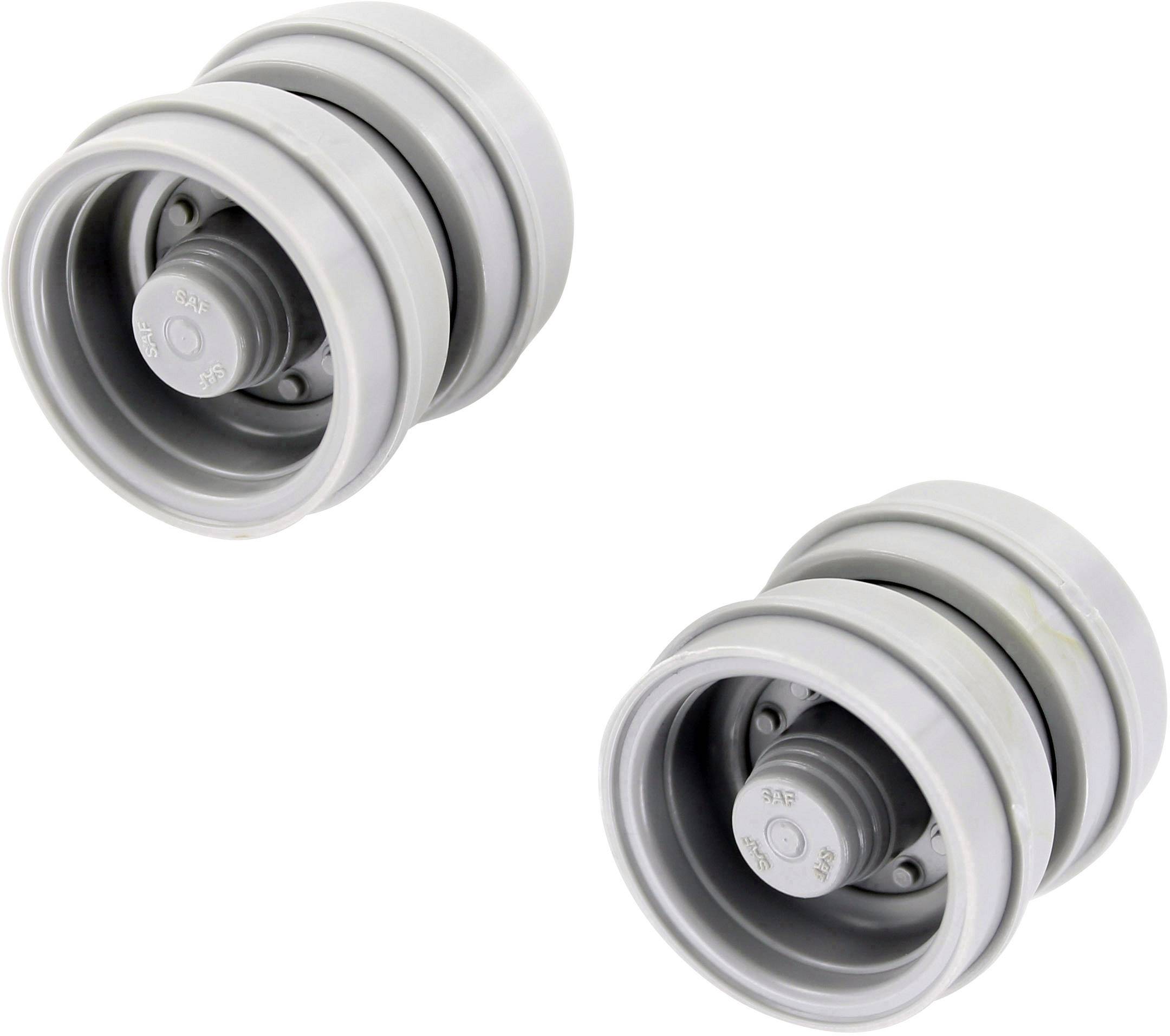 Deux rouleaux en plastique gris empilés les uns sur les autres, sur un fond blanc.