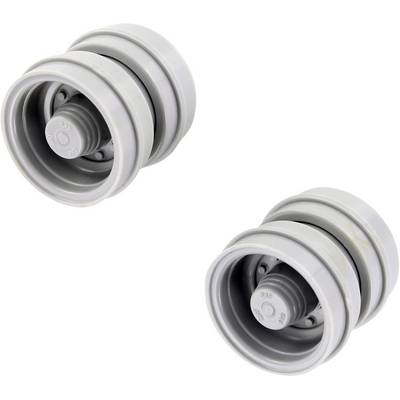Deux rouleaux en plastique gris empilés les uns sur les autres, sur un fond blanc.