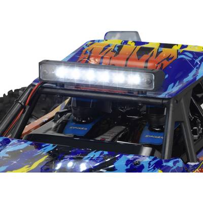 Une voiture télécommandée avec un motif coloré et une barre lumineuse LED à l'avant, montrant des détails précis.