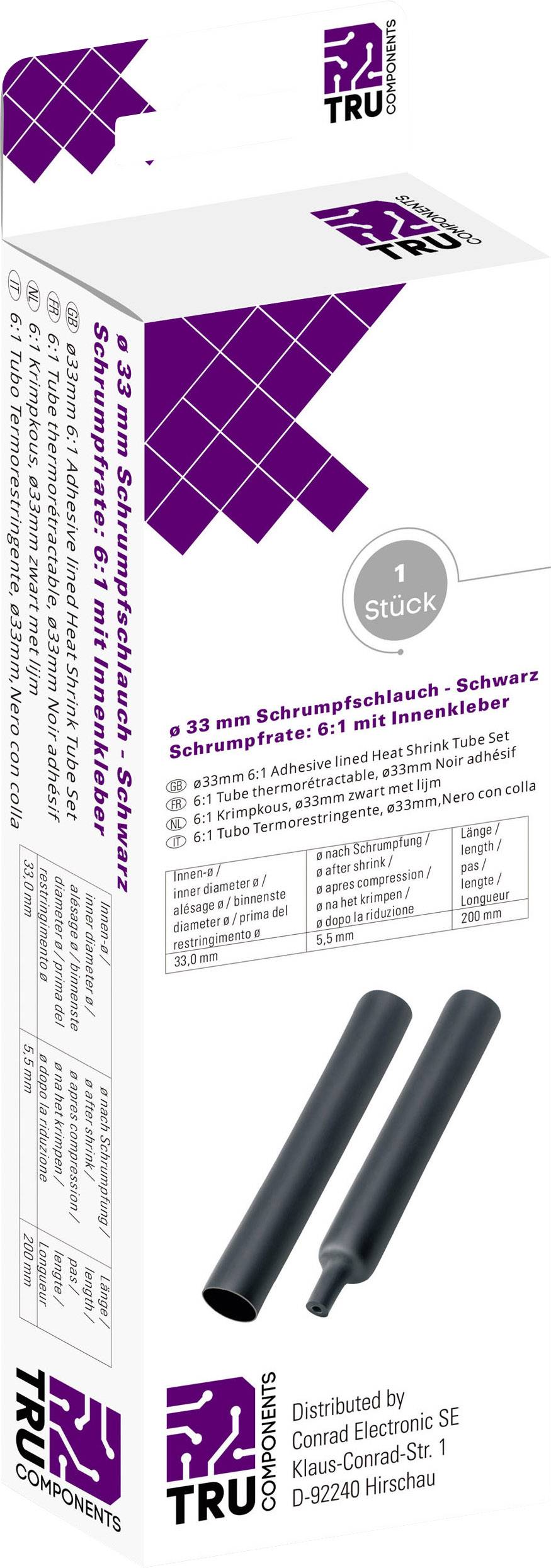 Kit de gaine thermorétractable, noir, rapport de rétrécissement 6:1, comprenant une gaine thermorétractable de 33 mm de diamètre et 1 m de long.