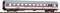 Un wagon de train miniature avec le logo 'alex' est posé sur une voie ferrée. Le wagon est gris avec des graphiques colorés et possède plusieurs fenêtres.