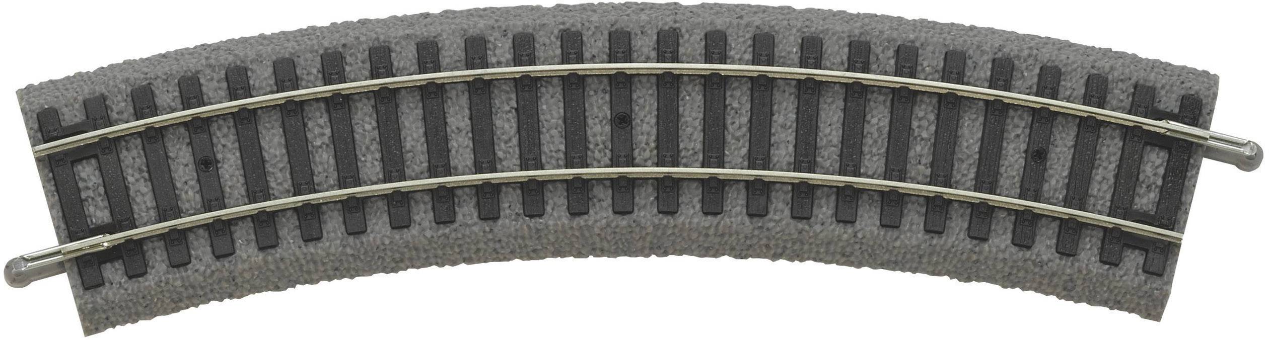 Un rail de chemin de fer incurvé avec un sous-sol de ballast gris et des traverses noires, adapté aux ensembles de trains miniatures.