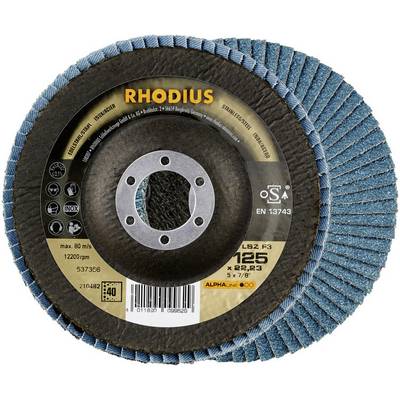 Disque à tronçonner de la marque 'RHODIUS' de 125 mm de diamètre. Adapté pour les travaux de meulage, vitesse de rotation maximale de 12 200 tr/min.