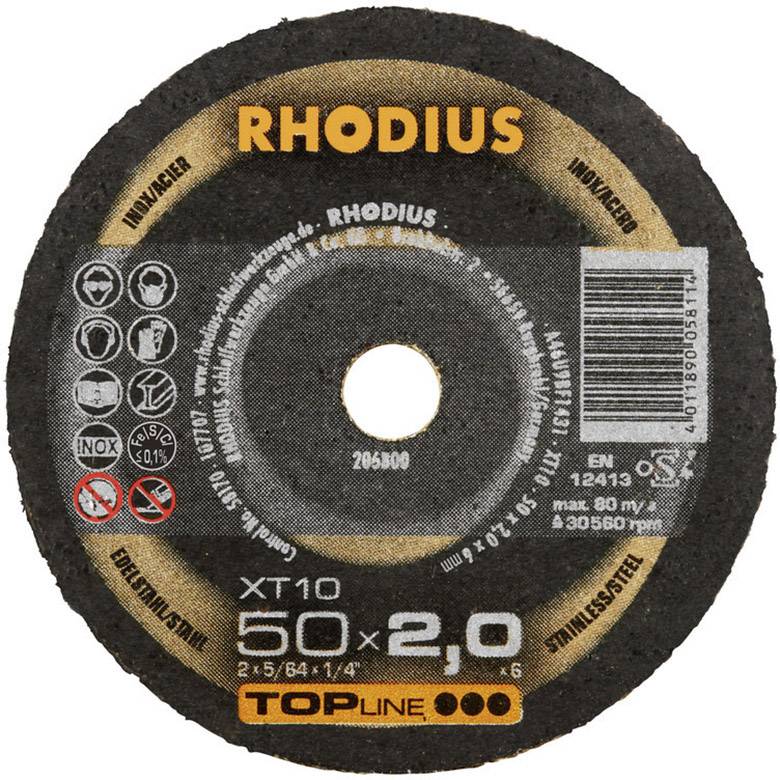 Disque à tronçonner Rhodius avec indications de taille (50x2,0 mm) et vitesse de rotation maximale (80 m/s). L'impression comprend des informations de sécurité et sur le produit.