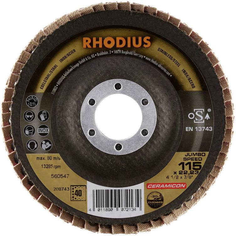Disque à tronçonner Rhodius pour l'usinage des métaux. Diamètre 115 mm, vitesse maximale 80 m/s. Conforme à la norme EN 13743.