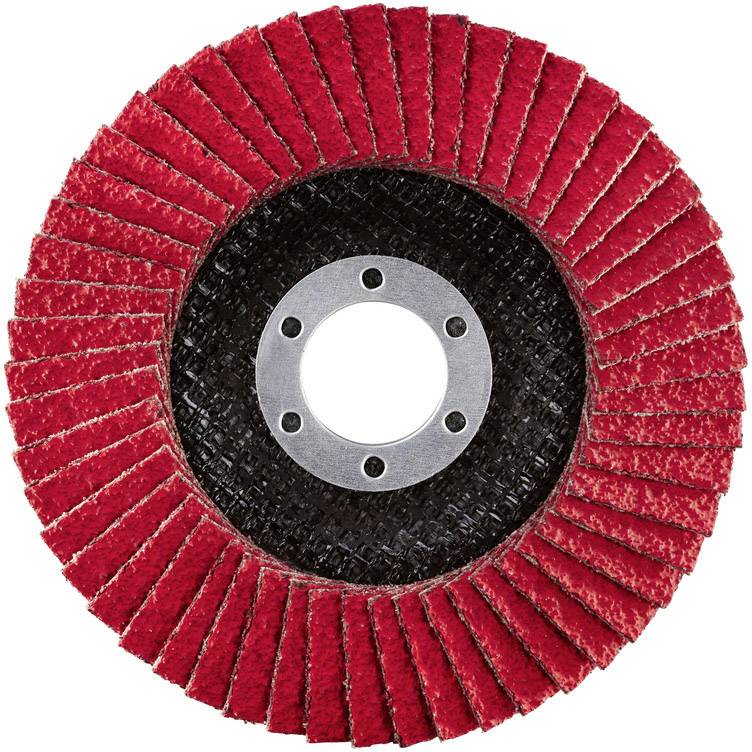Disque abrasif rouge avec un centre métallique circulaire, multicouche pour un ponçage efficace, sur fond blanc.