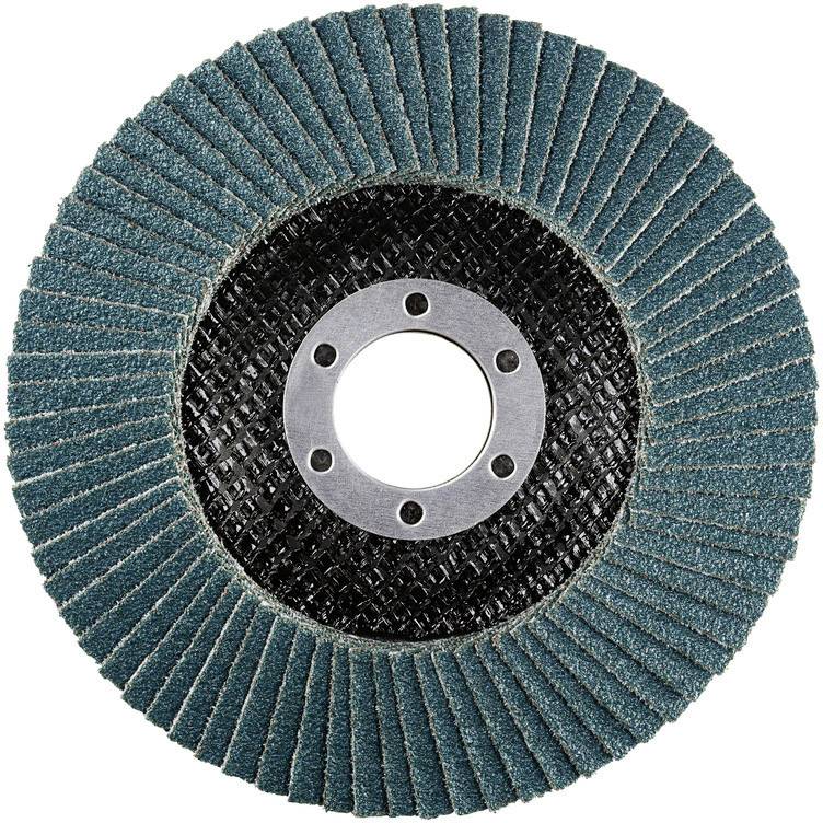 Disque abrasif à lamelles bleues sur support noir. Utilisé pour le meulage ou le polissage de matériaux.