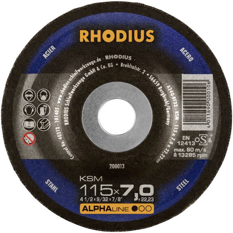 Disque à tronçonner Rhodius, modèle KSM 115 x 7,0 mm. Adapté pour l'acier, vitesse maximale 80 m/s à 13 285 tr/min.