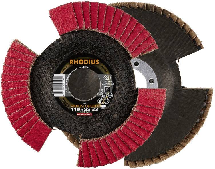Un disque de meulage avec des segments de meulage rouges et une fixation centrale en métal. Inscription : 'RHODIUS Vision Speed'.