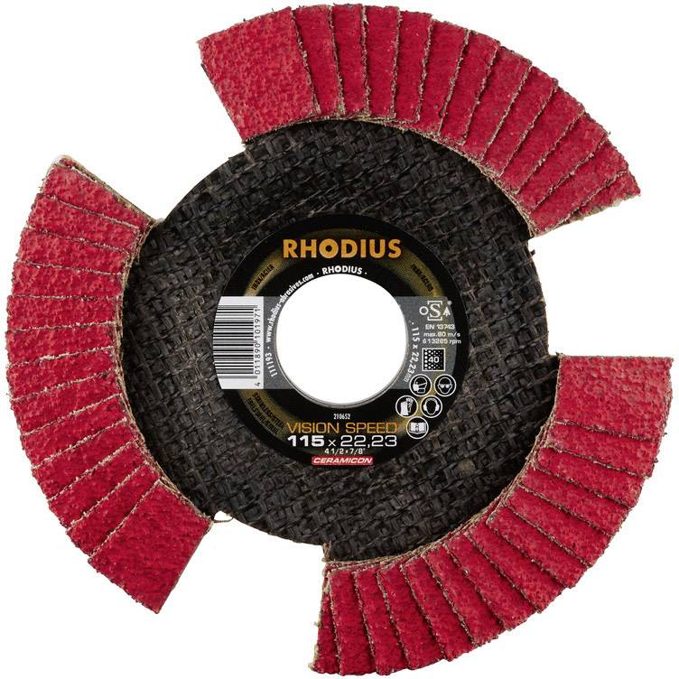 Disque abrasif 'Rhodius Vision Speed 115 x 22,23', avec papier abrasif rouge, idéal pour des travaux de ponçage agressifs sur différents matériaux.