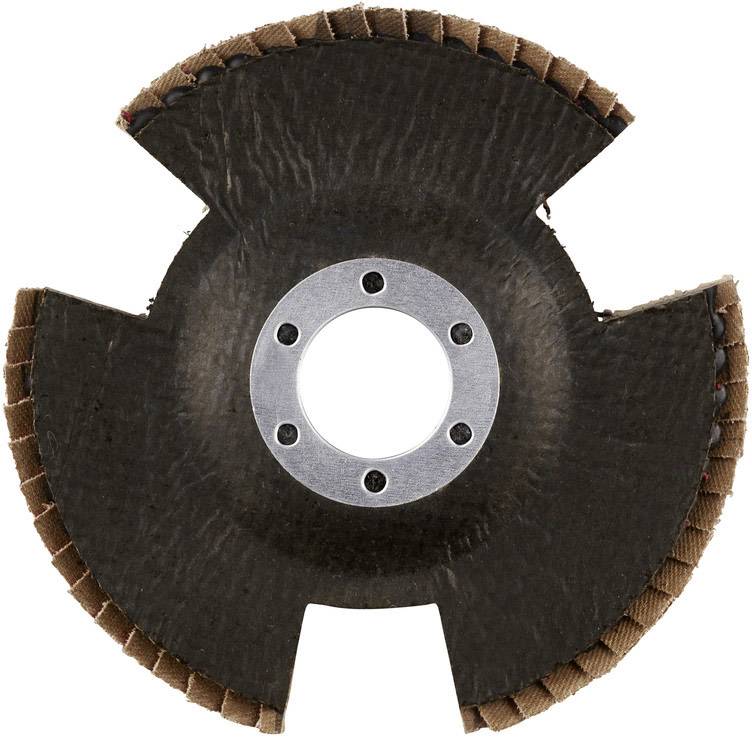 Disque abrasif avec trois bords tranchants incurvés et un trou de fixation central, utilisé pour lisser et polir des surfaces.