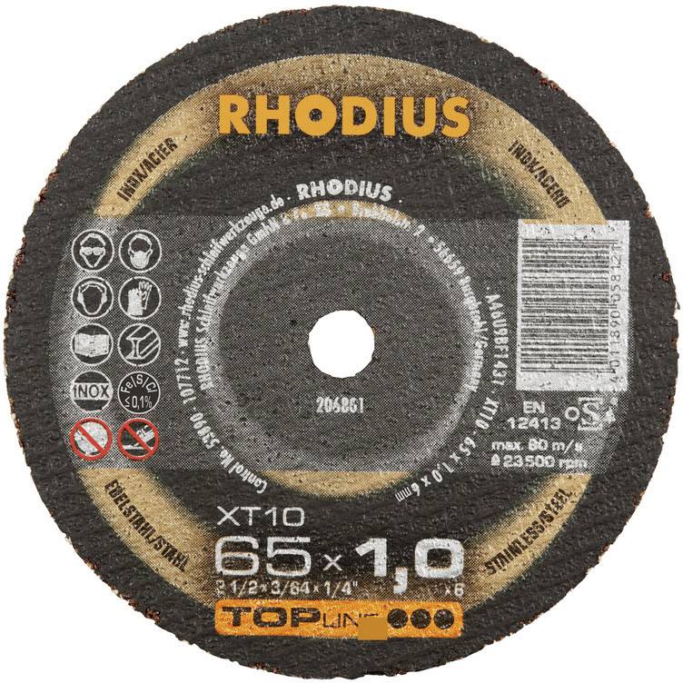 Disque à tronçonner portant l'inscription 'RHODIUS' avec des spécifications techniques, diamètre de 65 mm, épaisseur de 1,0 mm, adapté pour l'INOX et l'acier inoxydable.