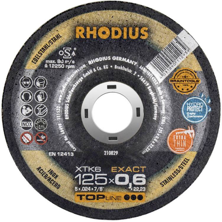 'RHODIUS' Disque de coupe pour acier inoxydable, max. 80 m/s, taille 125 x 0,6 mm, marque 'BRAINTTOOLS'. Adapté pour les coupes fines.