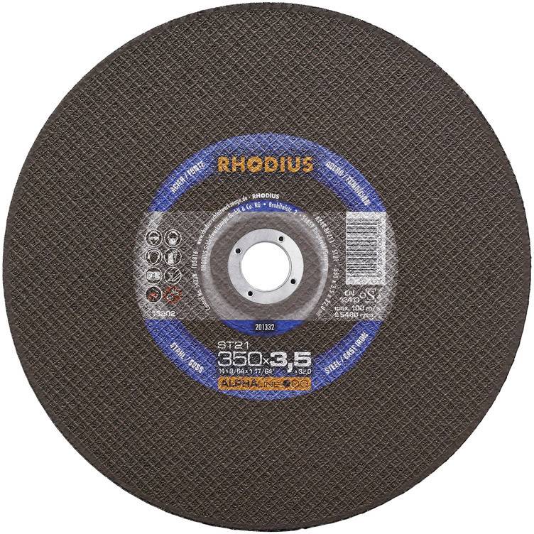 Disque de meulage portant l'inscription 'RHODIUS', diamètre 350 mm, épaisseur 3,5 mm, vitesse de rotation maximale de 4400 tr/min, adapté pour la coupe de métaux.
