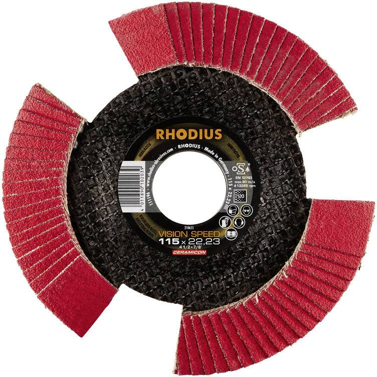 Un disque à tronçonner rouge portant l'inscription 'RHODIUS VISION SPEED 115 x 22,23', adapté pour l'usinage des métaux, sur fond blanc.
