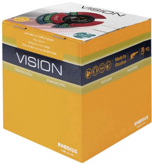 Emballage en carton pour disques lamellaires RHODIUS Vision. Contient 10 pièces, convient pour l'acier inoxydable/acier. Design orange et bleu avec illustration du produit.