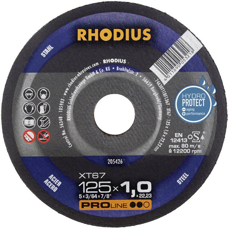 Disque à tronçonner Rhodius, diamètre 125 mm, adapté pour l'acier et l'acier inoxydable, technologie HydroProtect.