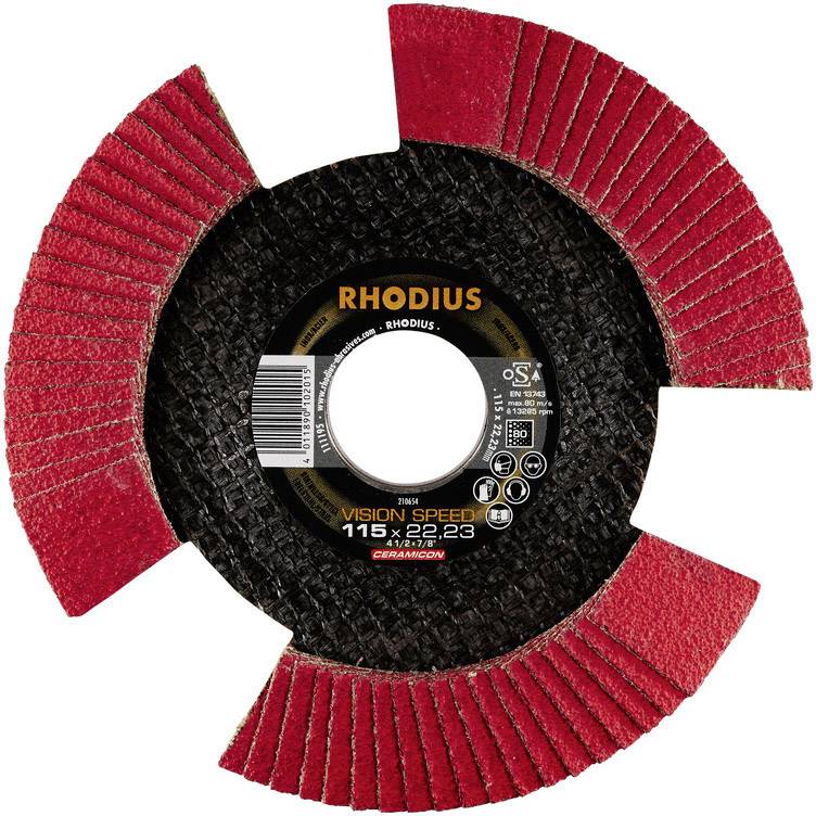 Disque abrasif Rhodius, modèle 'Vision Speed', avec design de segments rouges, diamètre 115 mm.
