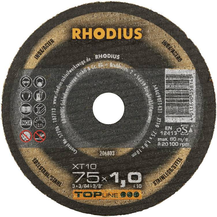 Disque à tronçonner RHODIUS, modèle XT10, diamètre 125 mm, épaisseur 1,0 mm. Adapté pour des vitesses allant jusqu'à 80 m/s.