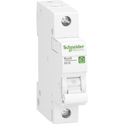 Un interrupteur de protection blanc de la marque 'Schneider Electric' portant l'inscription 'Resi9 MCB', adapté aux systèmes de sécurité électrique.