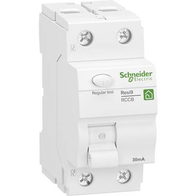 Disjoncteur de Schneider Electric portant l'inscription 'Resi9 RCCB', avec les symboles N et L ainsi qu'un bouton de test.