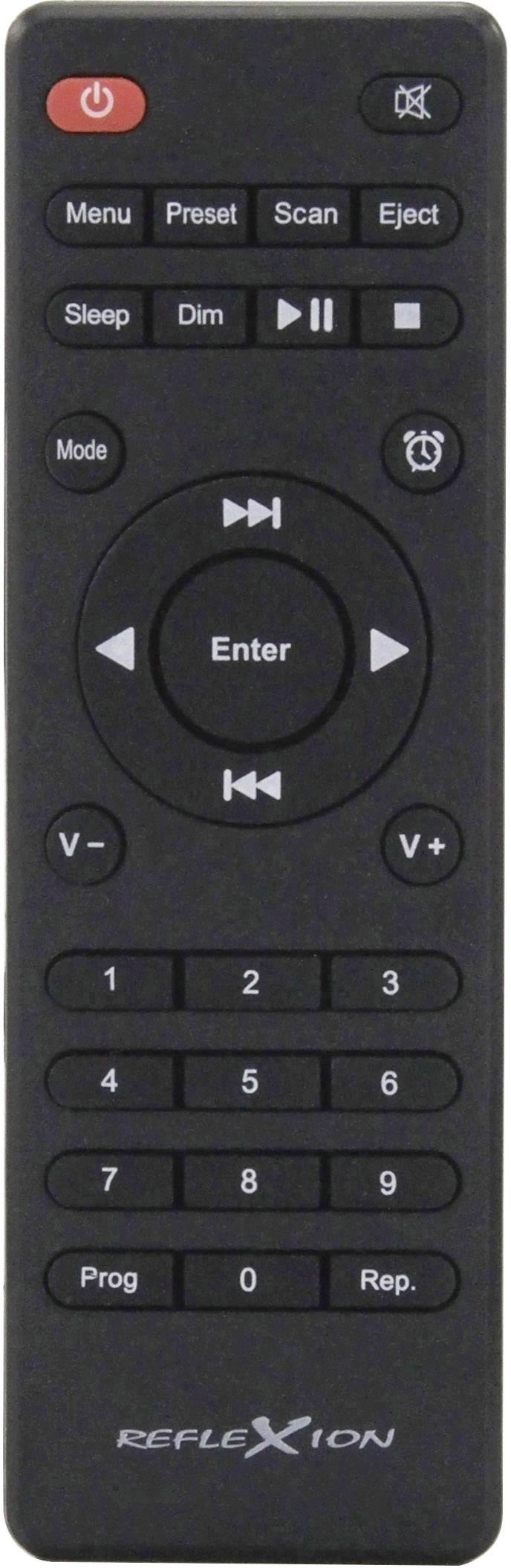 Télécommande noire avec touches pour le volume, la lecture, le mode et la mise en veille. Nom de marque 'Reflexion' imprimé en bas.