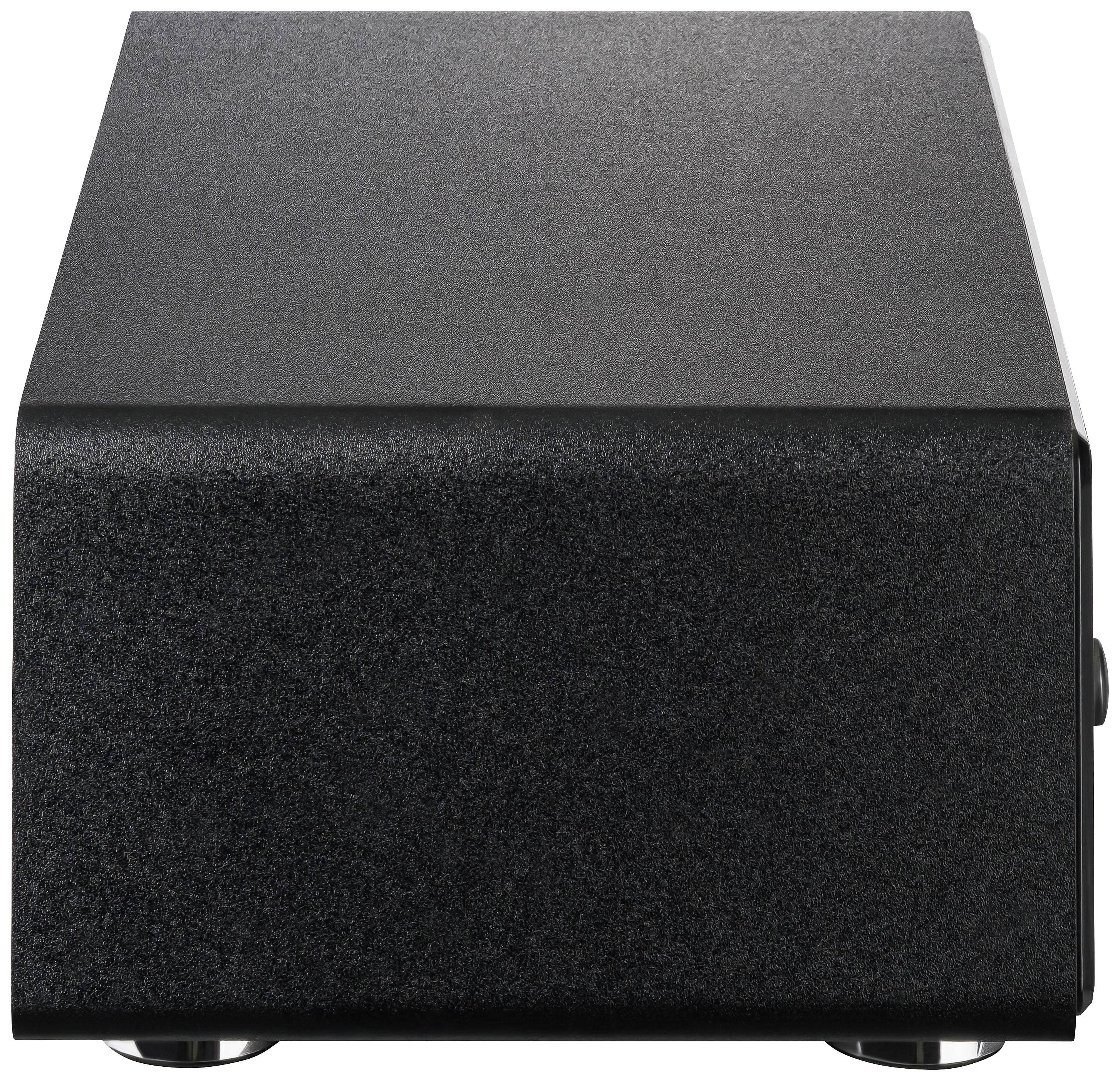 Un haut-parleur noir rectangulaire vu de profil, sans aucune marque ou commande visible.