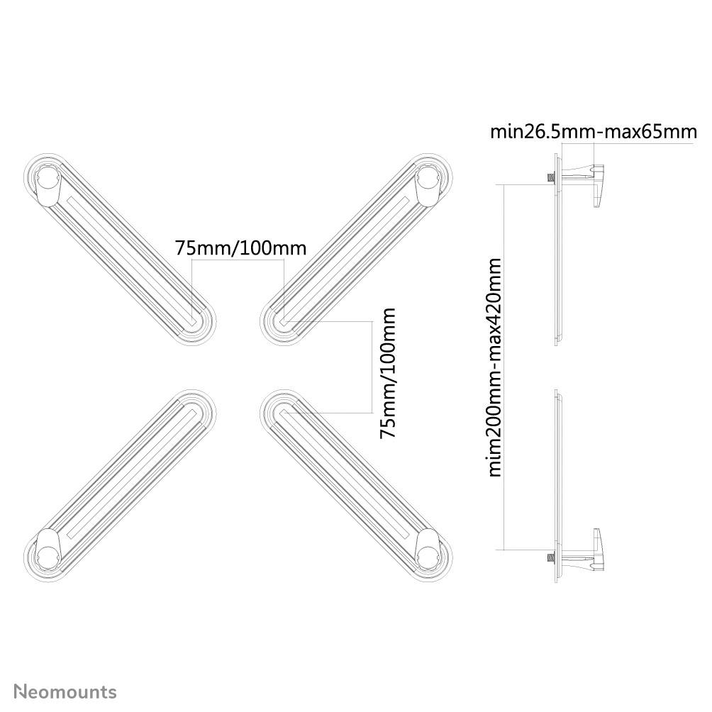 Dessin technique d'un support universel pour écran. Dimensions : largeur de montage 75-100 mm, hauteur 200-420 mm, profondeur 26,5-65 mm.