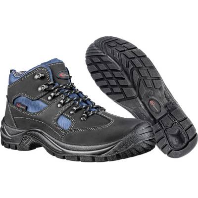 Une paire de chaussures de sécurité noir et bleu avec des semelles robustes et des lacets, vue latérale d'une chaussure visible.