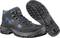 Une paire de chaussures de sécurité noir et bleu avec des semelles robustes et des lacets, vue latérale d'une chaussure visible.