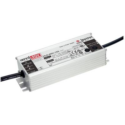 Un bloc d'alimentation LED rectangulaire de Mean Well, modèle HLG-60H-15A. Il dispose de plusieurs détails techniques et de câbles de connexion.