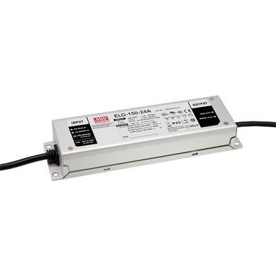 Boîtier d'un bloc d'alimentation MEAN WELL ELG-150-24A avec spécifications techniques et connexions imprimées, adapté aux applications industrielles.