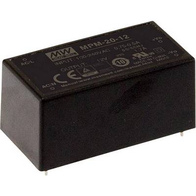 Module d'alimentation noir avec le numéro de modèle 'MPM-20-12' sur le dessus. Les spécifications d'entrée et de sortie sont indiquées.