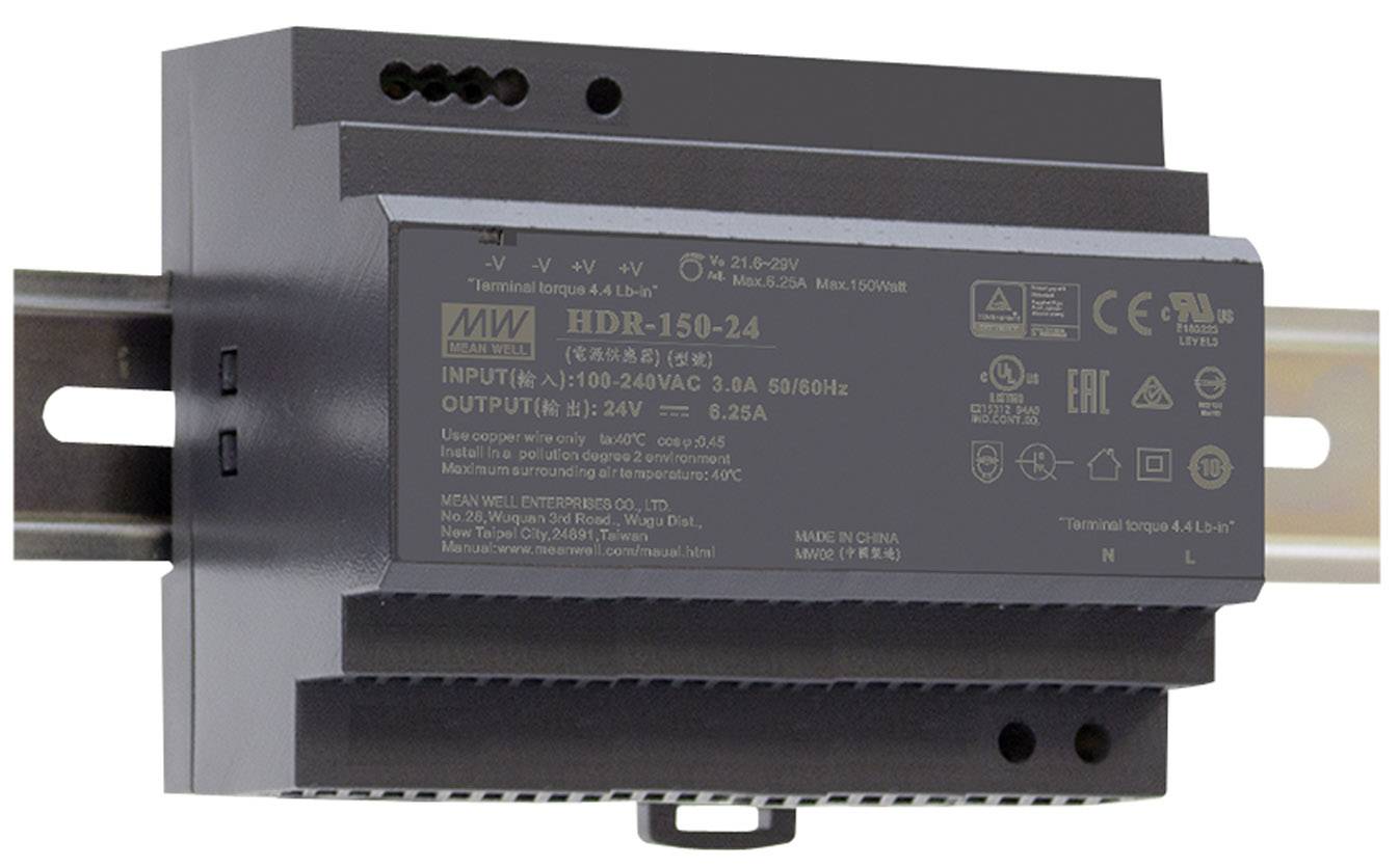 Un bloc d'alimentation noir pour montage sur rail DIN, portant la désignation 'HDR-150-24'. Il affiche des spécifications techniques et des certificats de sécurité.