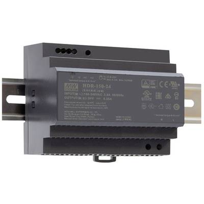 Un bloc d'alimentation noir pour montage sur rail DIN, portant la désignation 'HDR-150-24'. Il affiche des spécifications techniques et des certificats de sécurité.