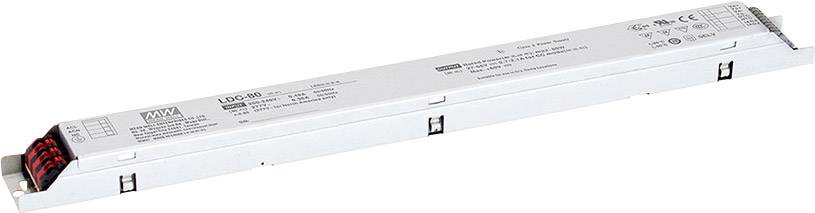 Long dispositif électrique rectangulaire, probablement un pilote LED, avec des connexions sur le côté gauche et des détails techniques sur le boîtier.