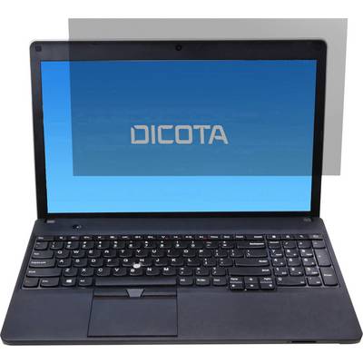 Ordinateur portable ouvert avec un écran affiché ; logo 'Dicota' sur un écran bleu. Film de protection d'écran visible en haut à droite.
