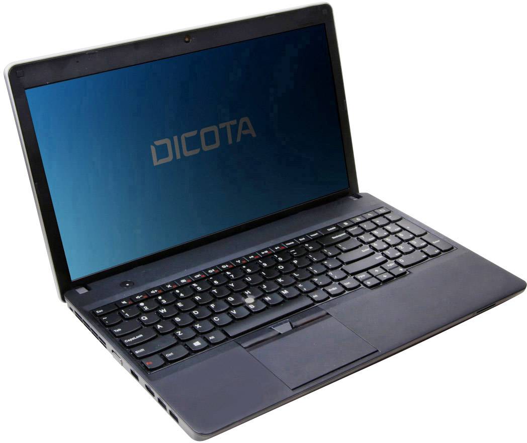 Un ordinateur portable noir avec un écran bleu sur lequel est inscrit le mot 'Dicota'. L'ordinateur portable est visible sur un fond blanc.