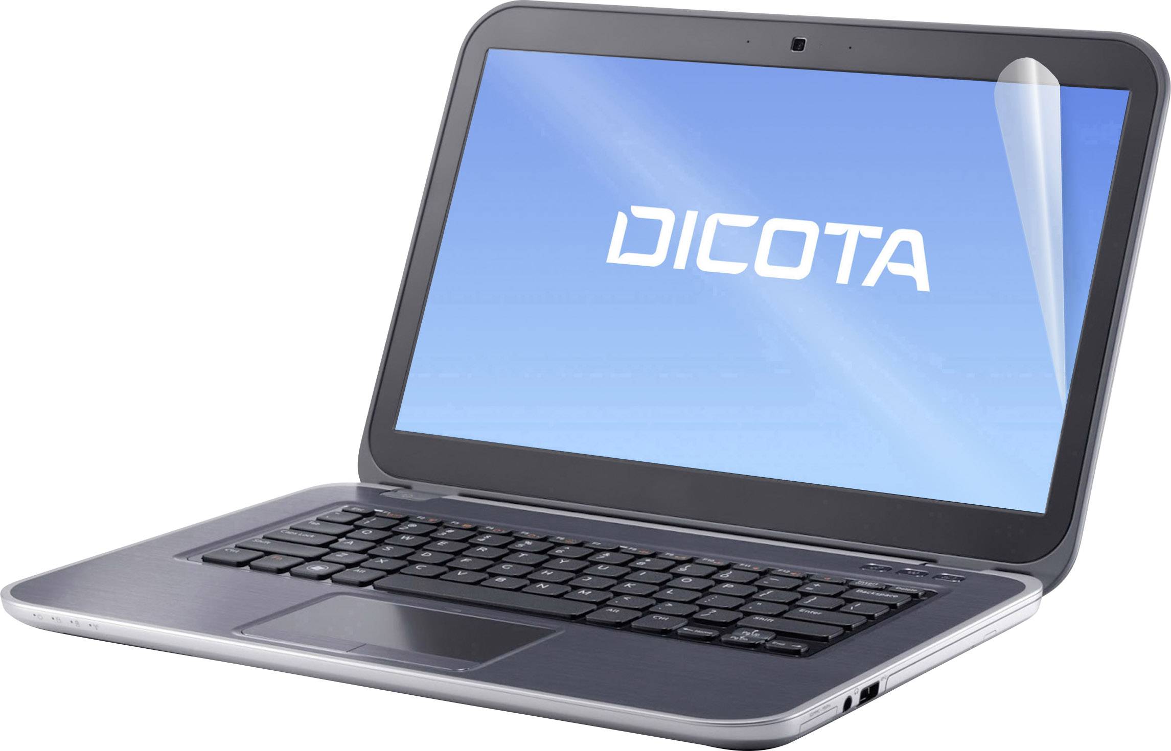 Un ordinateur portable ouvert avec un écran antireflet. L'écran affiche le nom 'DICOTA'.