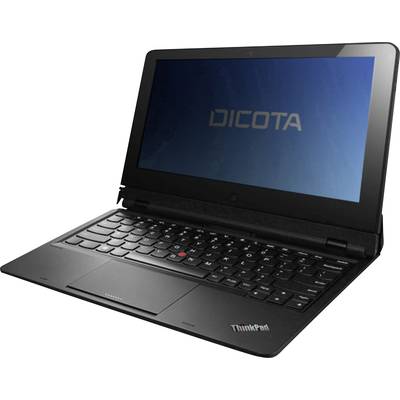 Ordinateur portable noir avec écran ouvert, affichant le logo 'DICOTA' sur un fond bleu. Clavier avec des accents rouges.