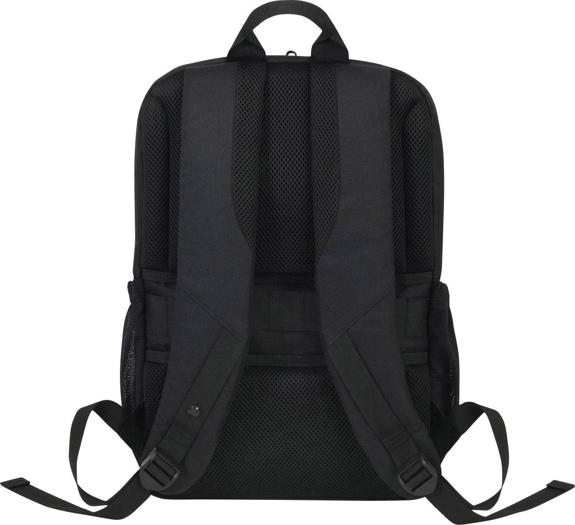 Un sac à dos noir vu de dos, doté de deux sangles d'épaules rembourrées et réglables, et d'un matériau respirant sur la face arrière.