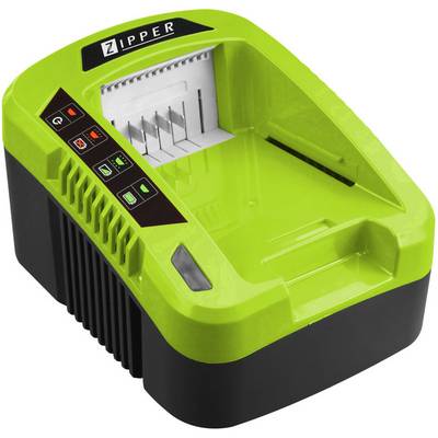 Chargeur de batterie vert avec plusieurs boutons et un écran, la marque 'Zipper' est visible. Principalement utilisé pour les appareils à batterie.