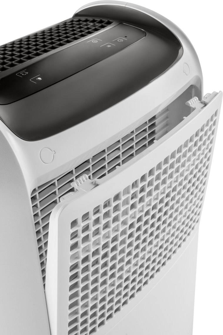 Un purificateur d'air avec son couvercle avant ouvert, montrant le filtre à air. Panneau de commande en haut avec des symboles de contrôle.