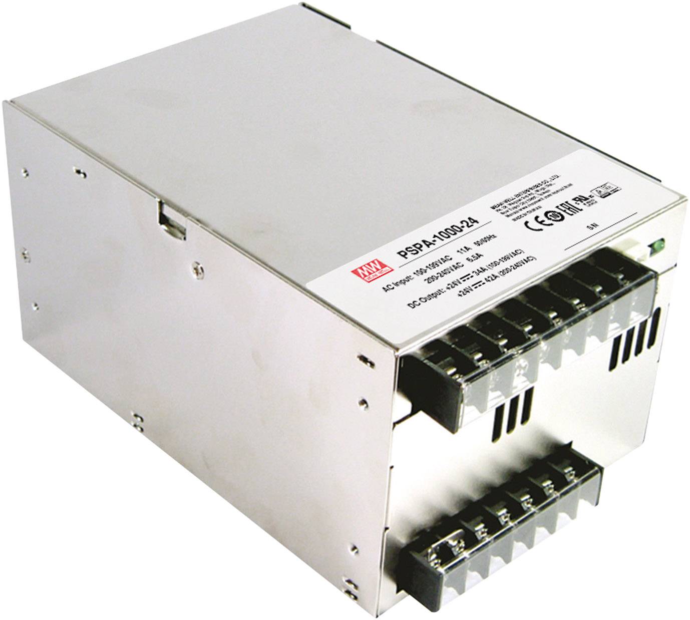 Un boîtier métallique argenté pour un dispositif d'alimentation électrique avec plusieurs points de connexion et des informations techniques sur une étiquette.