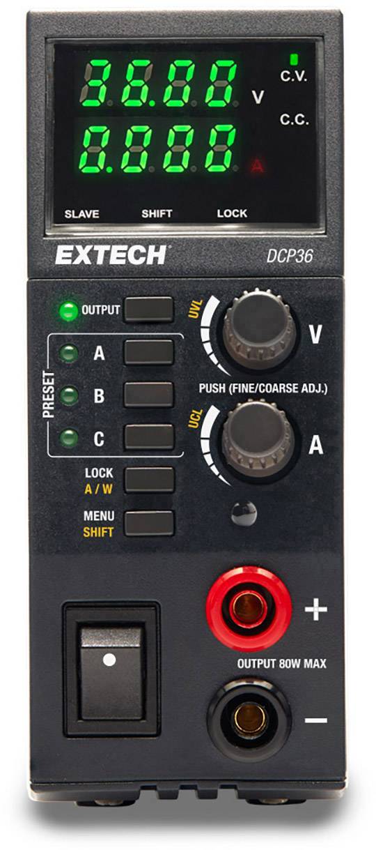 Extech DCP36 - Alimentation de laboratoire avec affichage numérique pour la tension (Volts) et le courant (Ampères). Plusieurs touches pour le réglage et l'affichage.