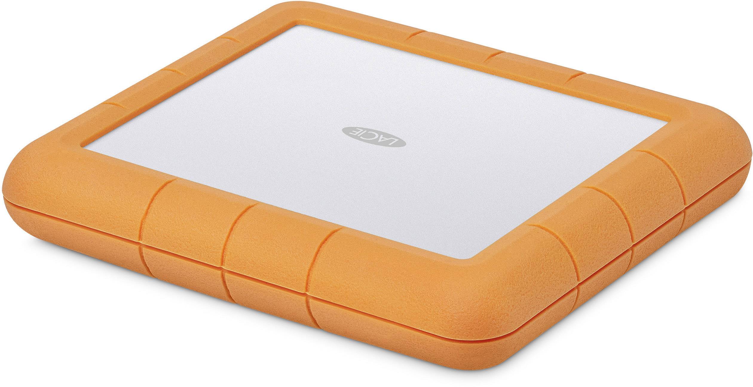 Disque dur externe avec un cadre en caoutchouc orange robuste et une étiquette grise au centre.