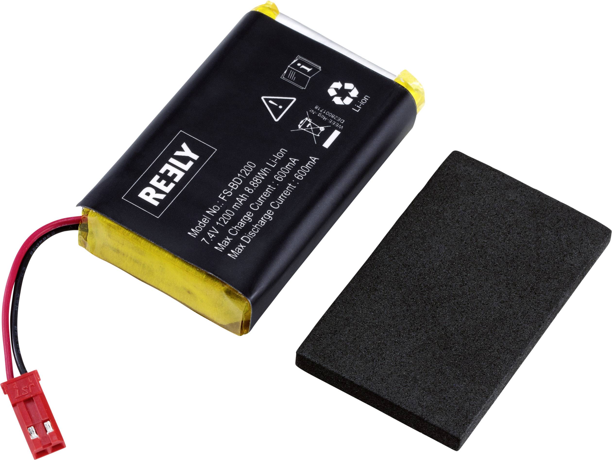 Batterie lithium-polymère avec câble de connexion et tampon en mousse. L'étiquette indique les spécifications techniques et le numéro de modèle.